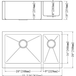 Dowell 10"/8" Deep Apron Front Farmhouse Undermount Double Bowl 32-7/8x20 Stainless Steel Kitchen Sink (16 Gauge, 6008 3320D)