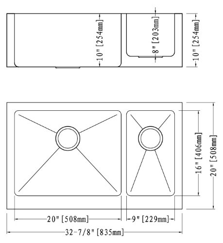 Dowell 10"/8" Deep Apron Front Farmhouse Undermount Double Bowl 32-7/8x20 Stainless Steel Kitchen Sink (16 Gauge, 6008 3320D)