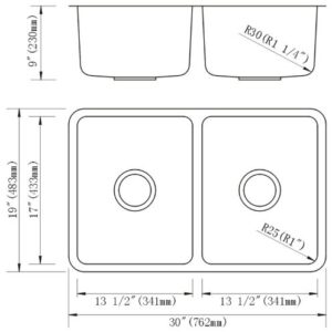 Dowell 9" Deep Undermount Double Bowl 30x19 Stainless Steel Kitchen Sink (18 Gauge, 6005 3019)