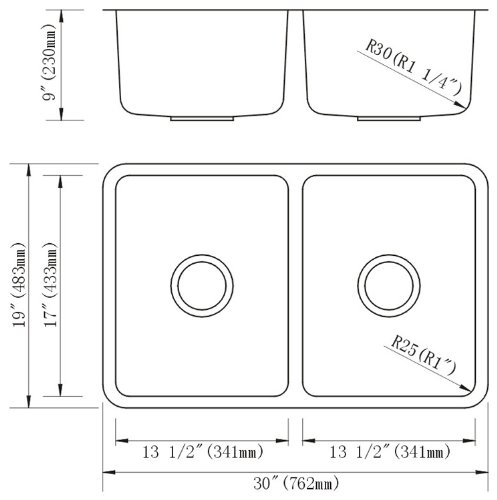 Dowell 9" Deep Undermount Double Bowl 30x19 Stainless Steel Kitchen Sink (18 Gauge, 6005 3019)