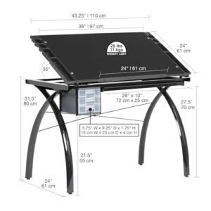 Futura Crafting, Drafting, Drawing Table with Adjustable Top, Black and Black Glass