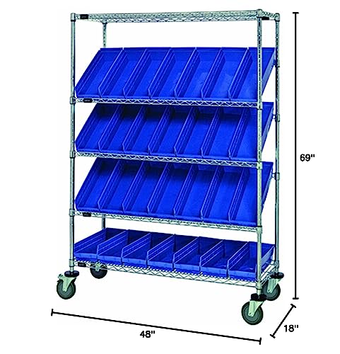 Quantum Storage Systems WRCSL5-63-1848-104BL 5-Tier Slanted Wire Shelving Suture Cart with 28 QSB104 Blue Economy Shelf Bins, 2 Horizontal and 3 Slanted Shelves, Chrome Finish, 69" Height x 48" Width x 18" Depth