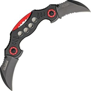 tac force spring assisted folding pocket knife – dual black stainless steel hawkbill blades, black aluminum handle w/ red accents and pocket clip, tactical, edc, rescue - tf-669bk