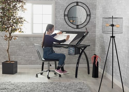 Futura Crafting, Drafting, Drawing Table with Adjustable Top, Black and Black Glass