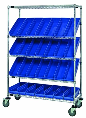 Quantum Storage Systems WRCSL5-63-1848-104BL 5-Tier Slanted Wire Shelving Suture Cart with 28 QSB104 Blue Economy Shelf Bins, 2 Horizontal and 3 Slanted Shelves, Chrome Finish, 69" Height x 48" Width x 18" Depth