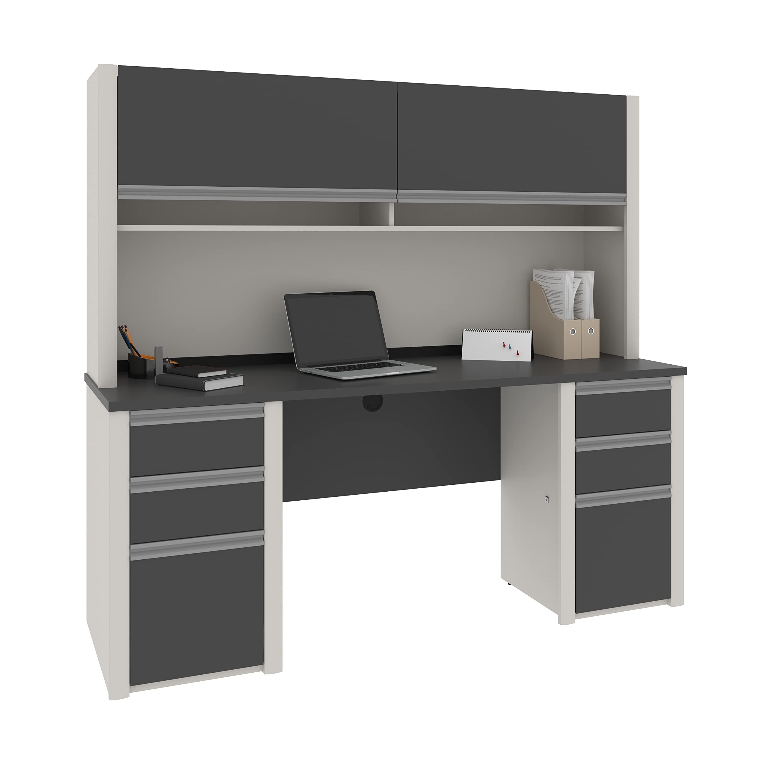 Bestar Connexion Credenza Desk with Two Pedestals and Hutch, 72W, Slate & Sandstone