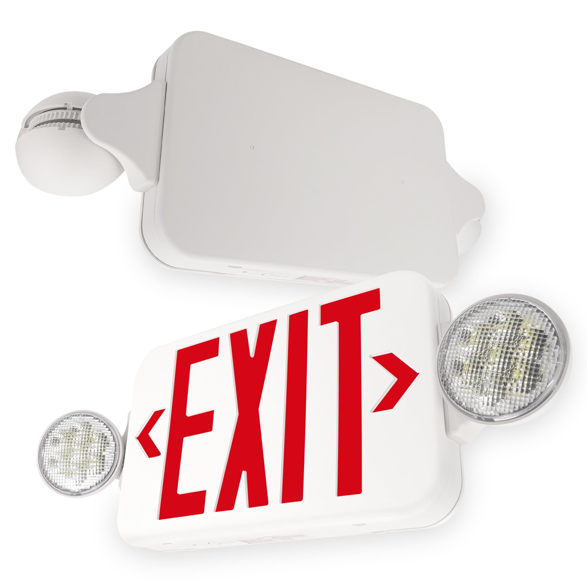 LFI Lights | Combo Red Exit Sign with Emergency Lights | White Housing | All LED | Two Adjustable Round Heads | Hardwired with Battery Backup | UL Listed | (1 Pack) | COMBOJR2-R