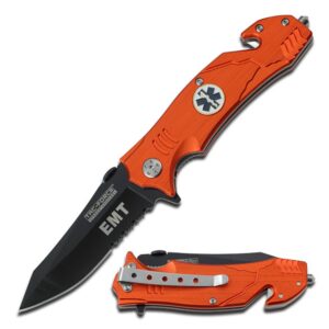 tac force tf-515oe assisted opening folding knife, black half-serrated blade, orange aluminum handle with emt medallion, 4-1/2-inch closed