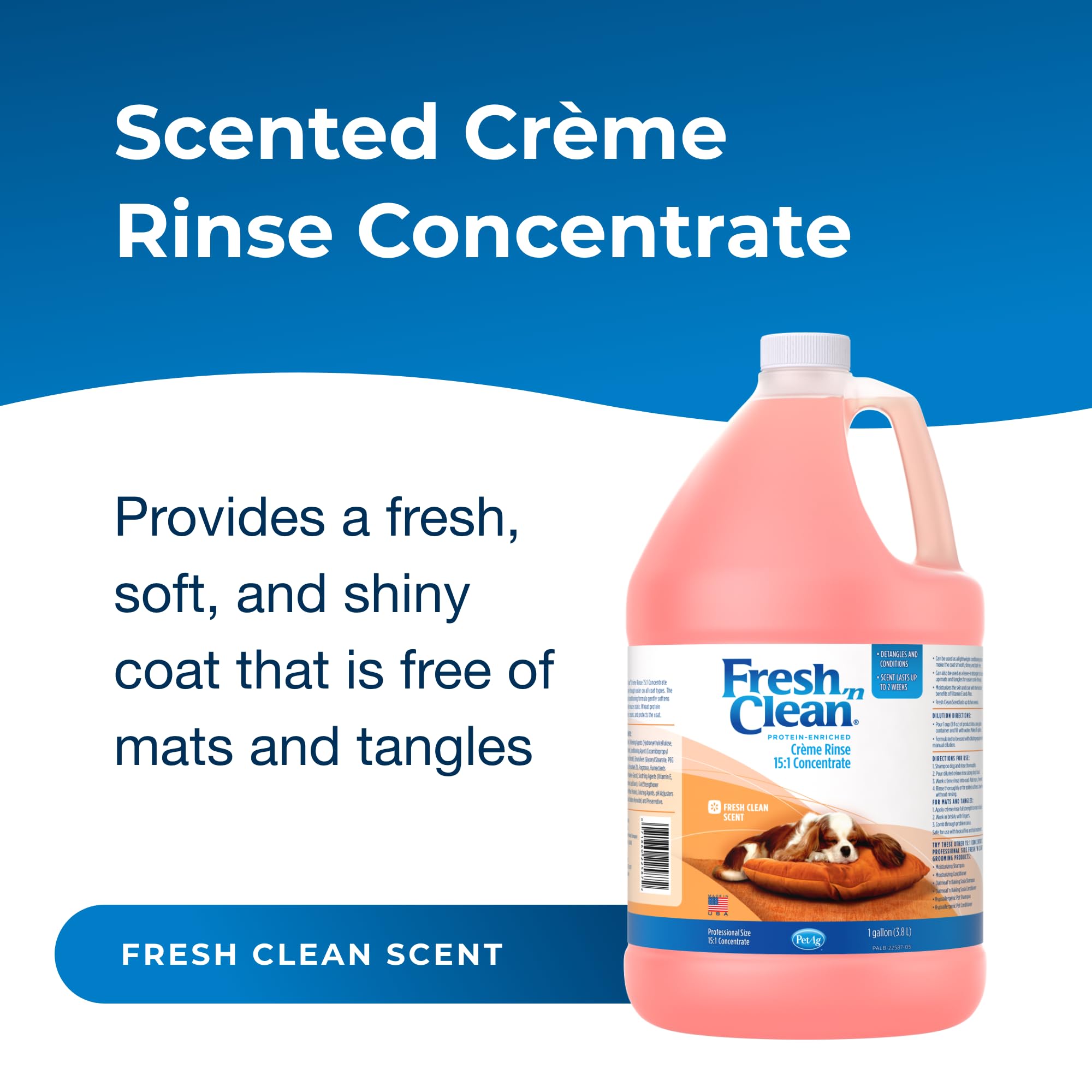 Pet-Ag Fresh ’n Clean Scented Creme Rinse, Classic Fresh Scent (15:1 Concentrate) - 1 Gallon - Conditions Coat and Moisturizes Skin with Vitamin E & Aloe Vera - Soap Free