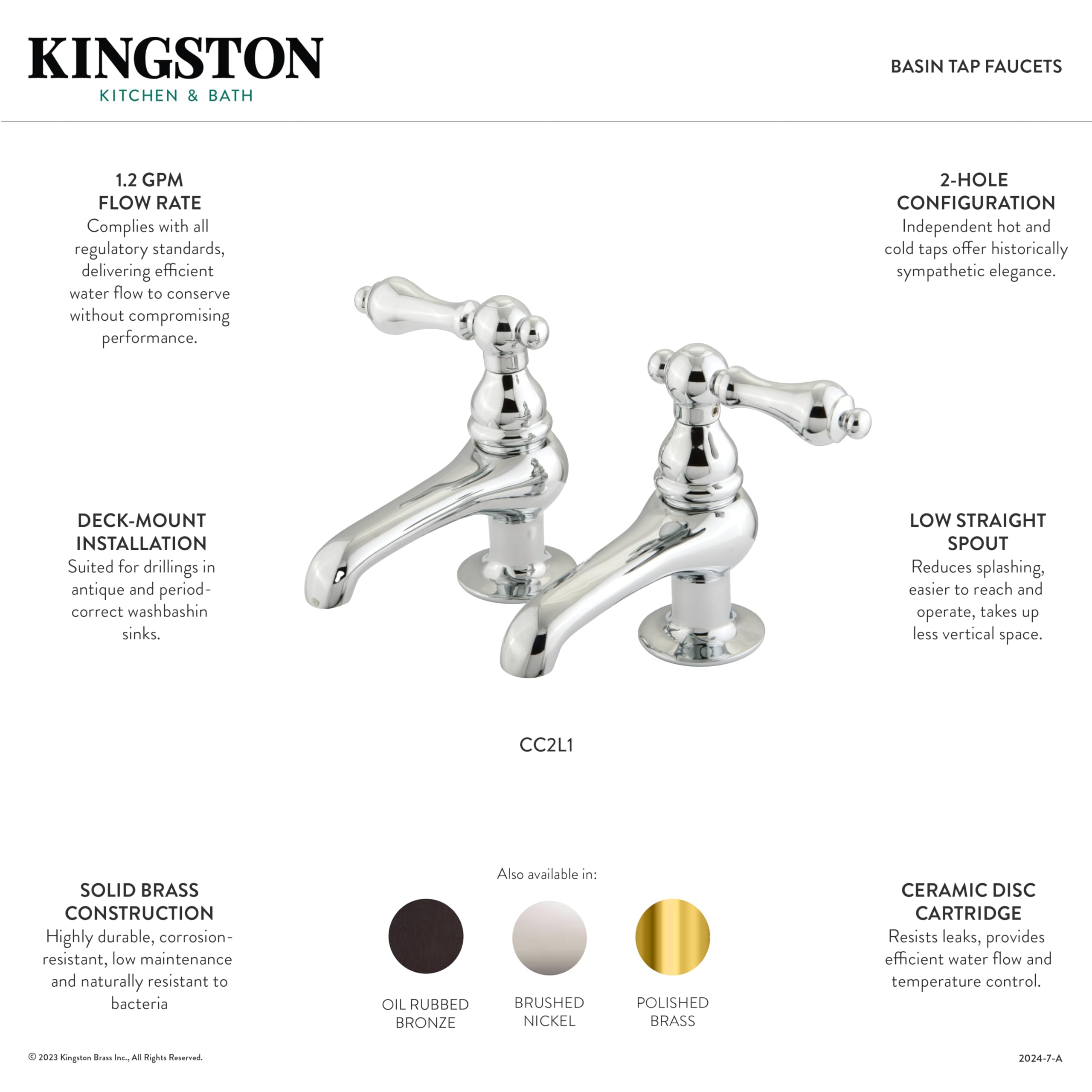 Kingston Brass CC1L2 Vintage Basin Tap Faucet, 3-1/2 inch spout reach, Polished Brass