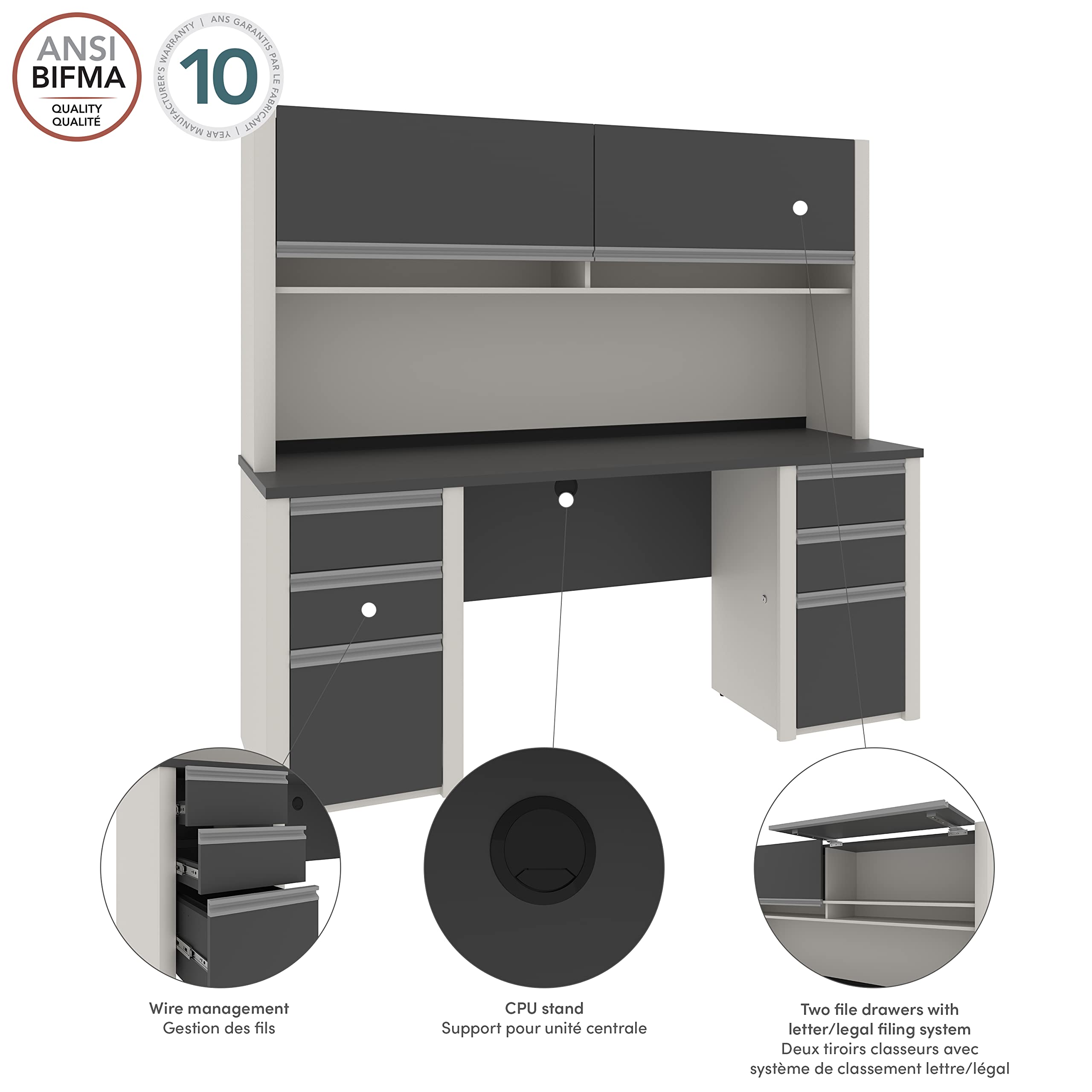 Bestar Connexion Credenza Desk with Two Pedestals and Hutch, 72W, Slate & Sandstone