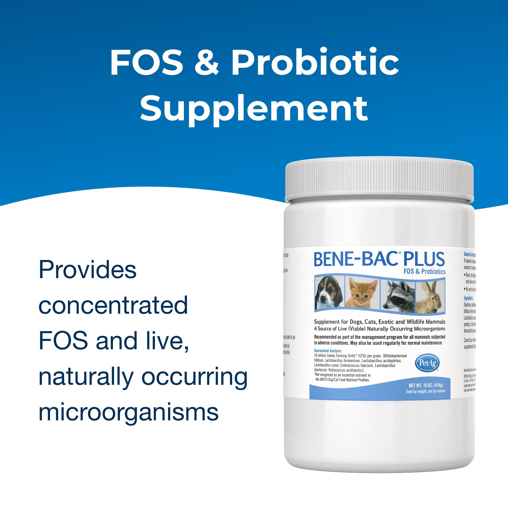 Pet-Ag Bene-Bac Plus - 1 lb Powder - FOS & Probiotics for Dogs, Cats, Exotic & Wildlife Mammals