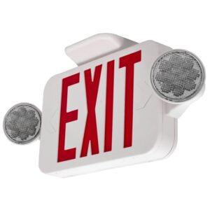 LFI Lights | Combo Red Exit Sign with Emergency Lights | White Housing | All LED | Two Adjustable Round Heads | Hardwired with Battery Backup | UL Listed | (1 Pack) | COMBOJR2-R