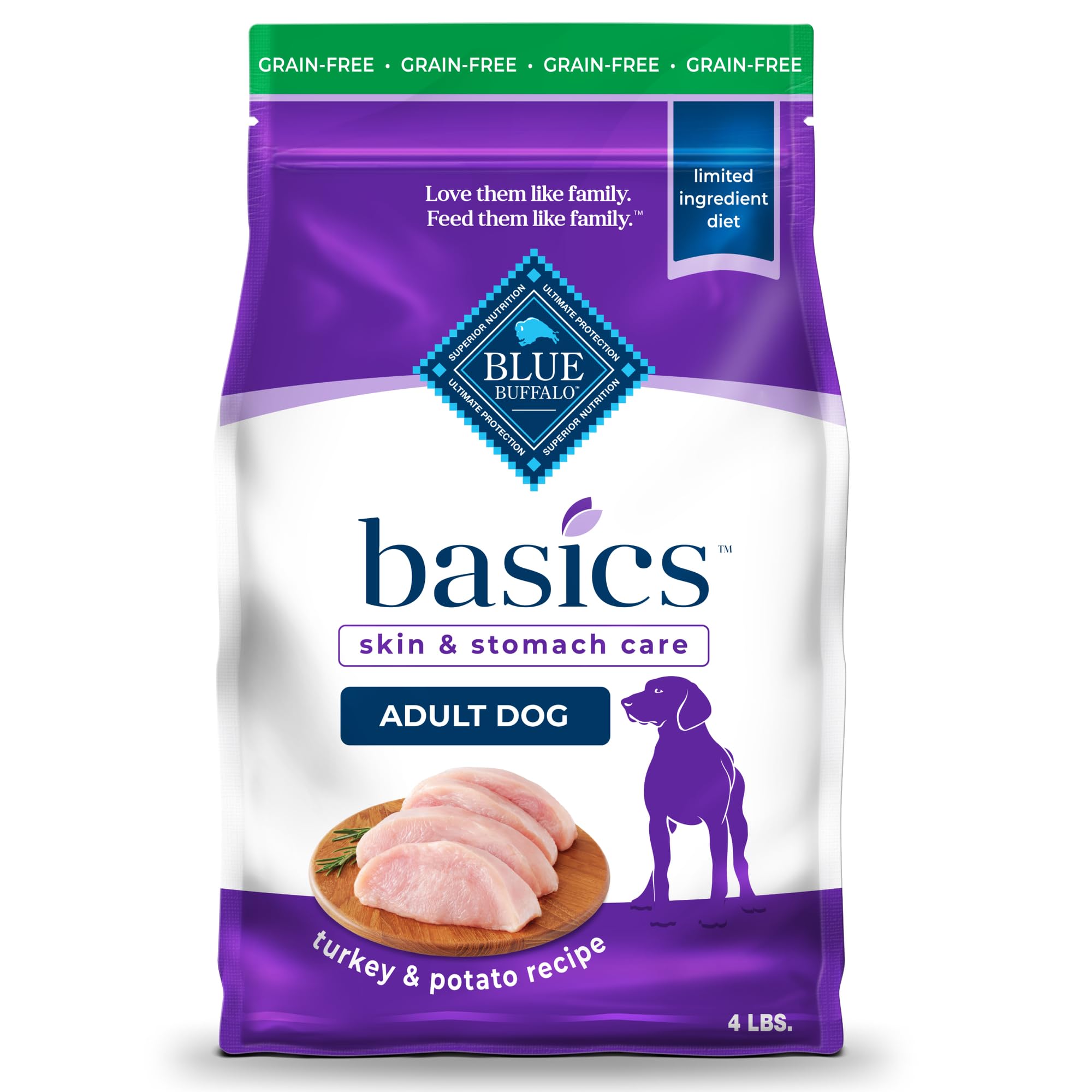 Blue Buffalo Basics Grain-Free Adult Dry Dog Food, Skin & Stomach Care, Limited Ingredient Diet for Dogs, Turkey Recipe, 4-lb. Bag