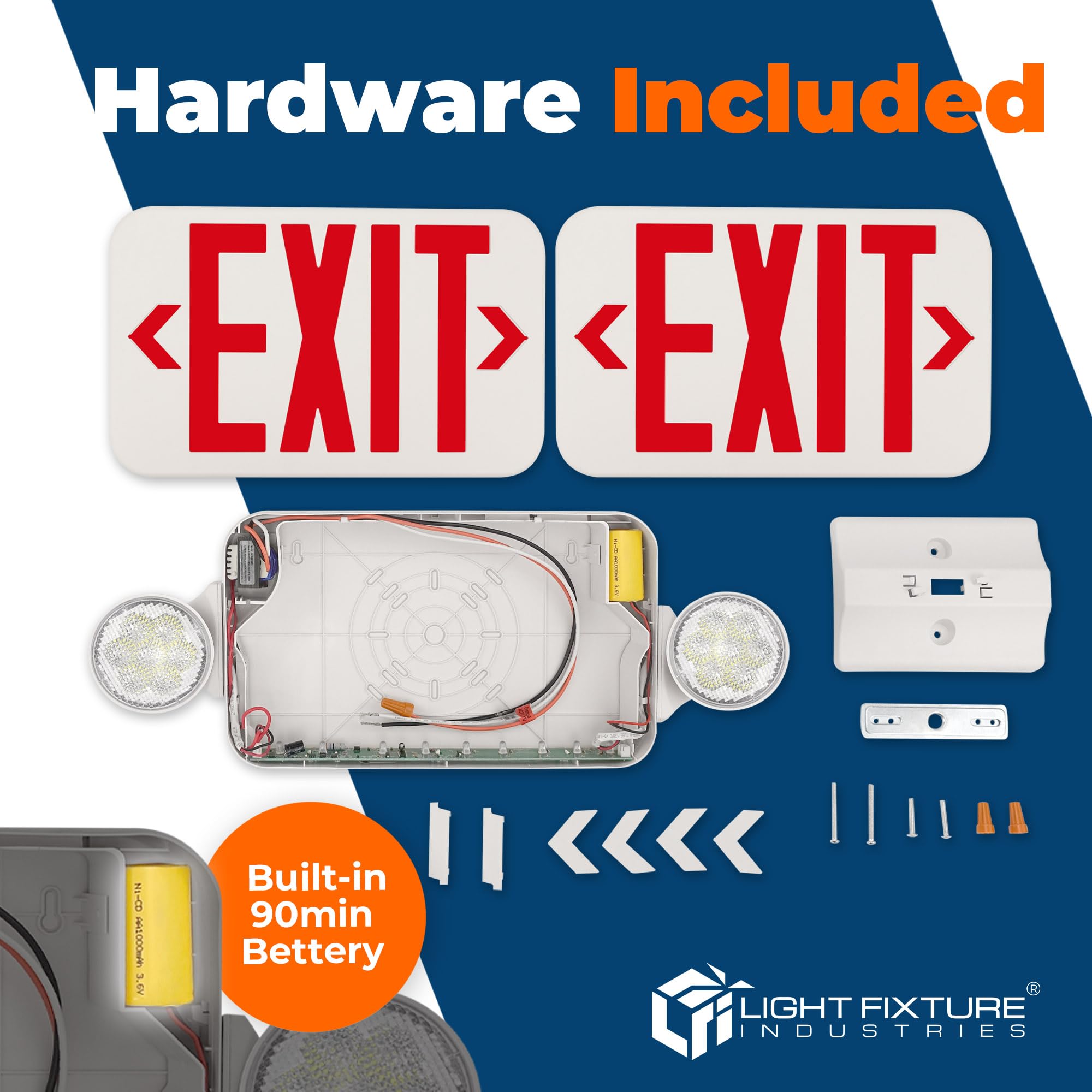 LFI Lights | Combo Red Exit Sign with Emergency Lights | White Housing | All LED | Two Adjustable Round Heads | Hardwired with Battery Backup | UL Listed | (1 Pack) | COMBOJR2-R