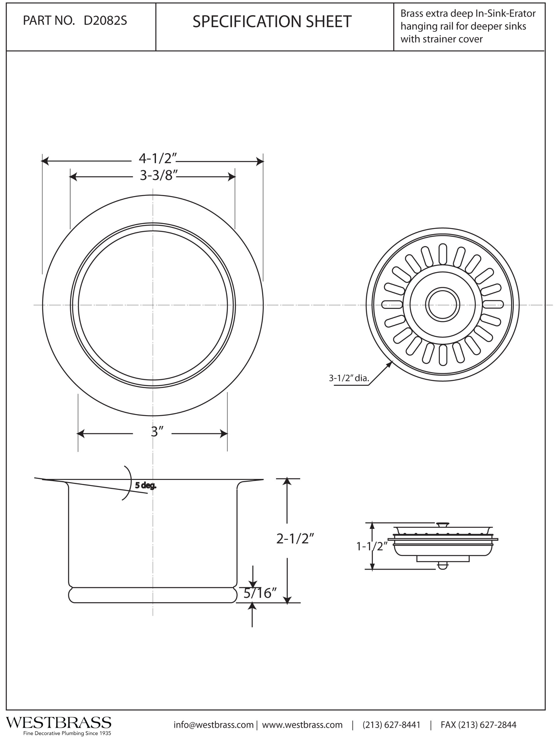 Westbrass D2082S-20 3-1/2" Extra-Deep Collar Kitchen Sink Waste Disposal Flange & Strainer Stopper, 1-Pack, Stainless Steel