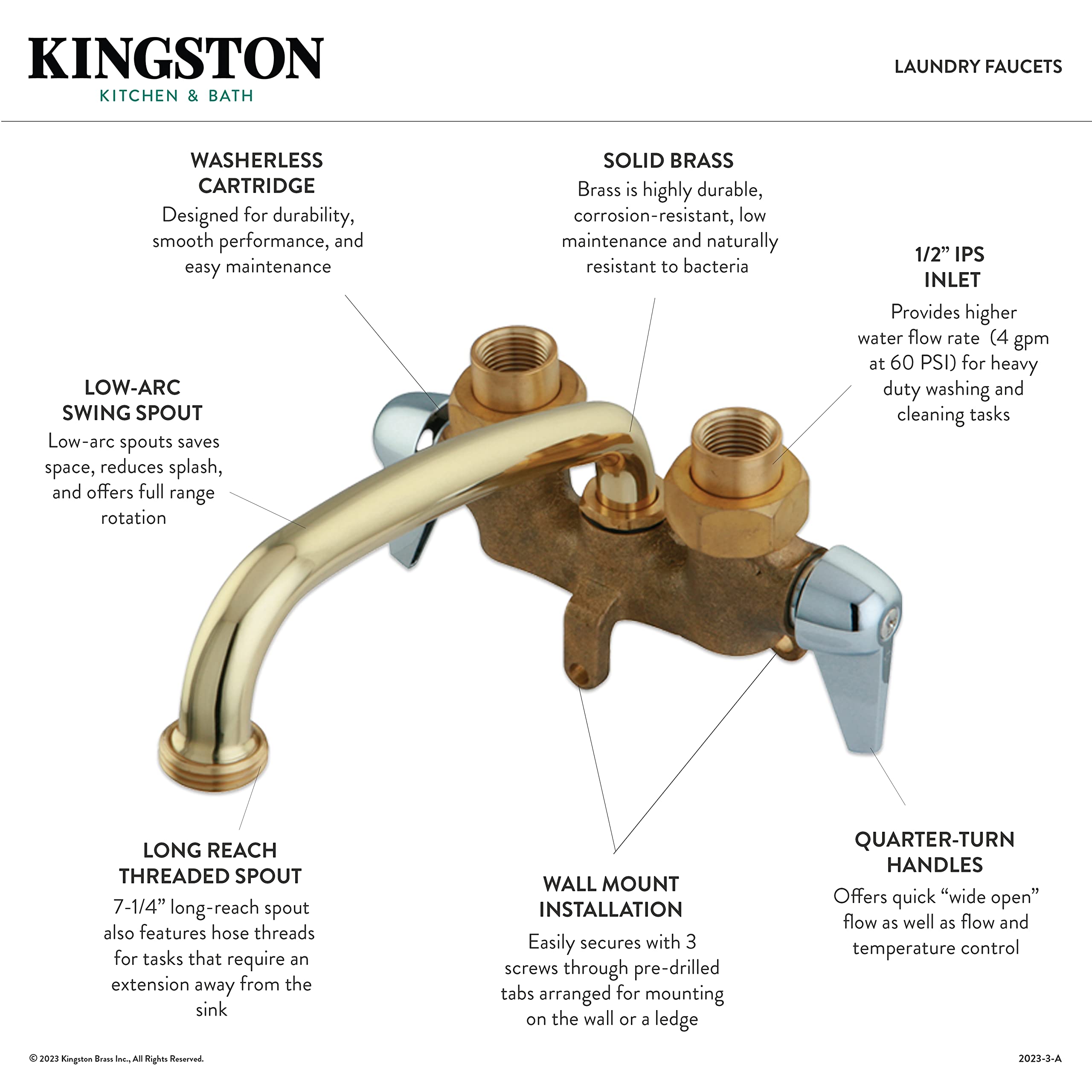 Kingston Brass KF471 4-Inch Center Laundry Faucet, 7-1/8 inch spout reach, Polished Chrome