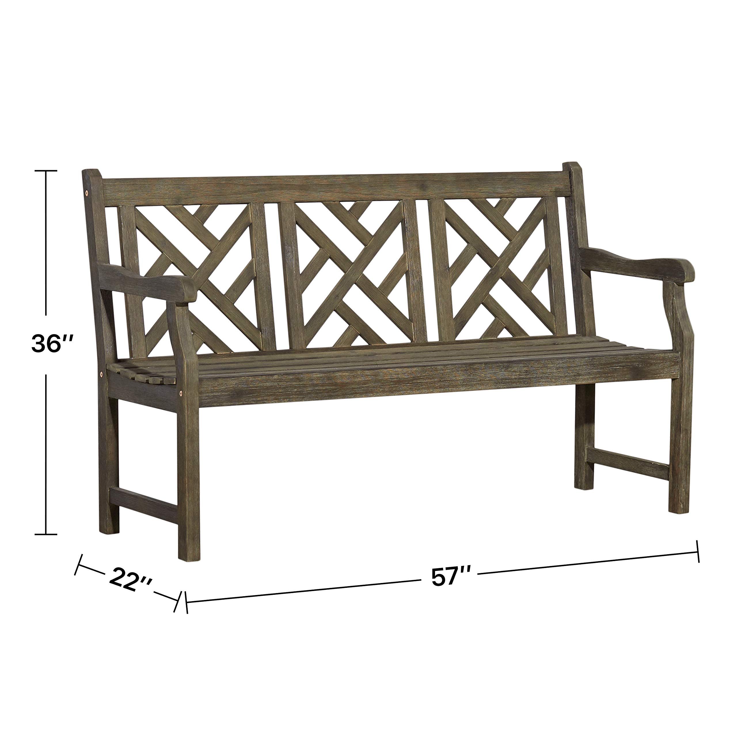 Vifah Grey-Washed 5Ft Martha Latice Acacia Weathered-Wood Bench for 3 Seater in Entry Way