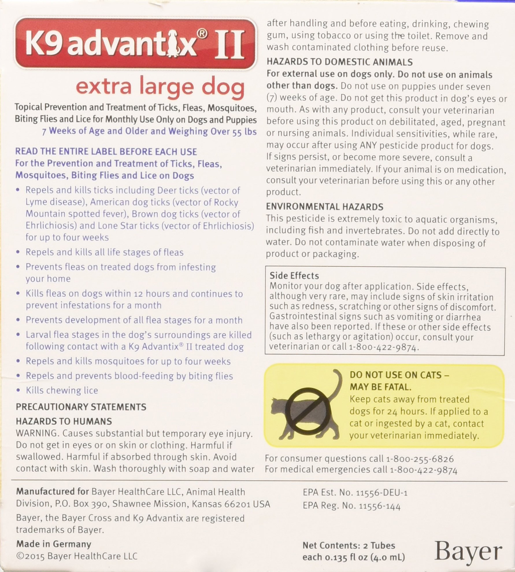 Bayer K9 Advantix II, Flea and Tick Control Treatment for Dogs, Over 55 Pound, 2-Month Supply