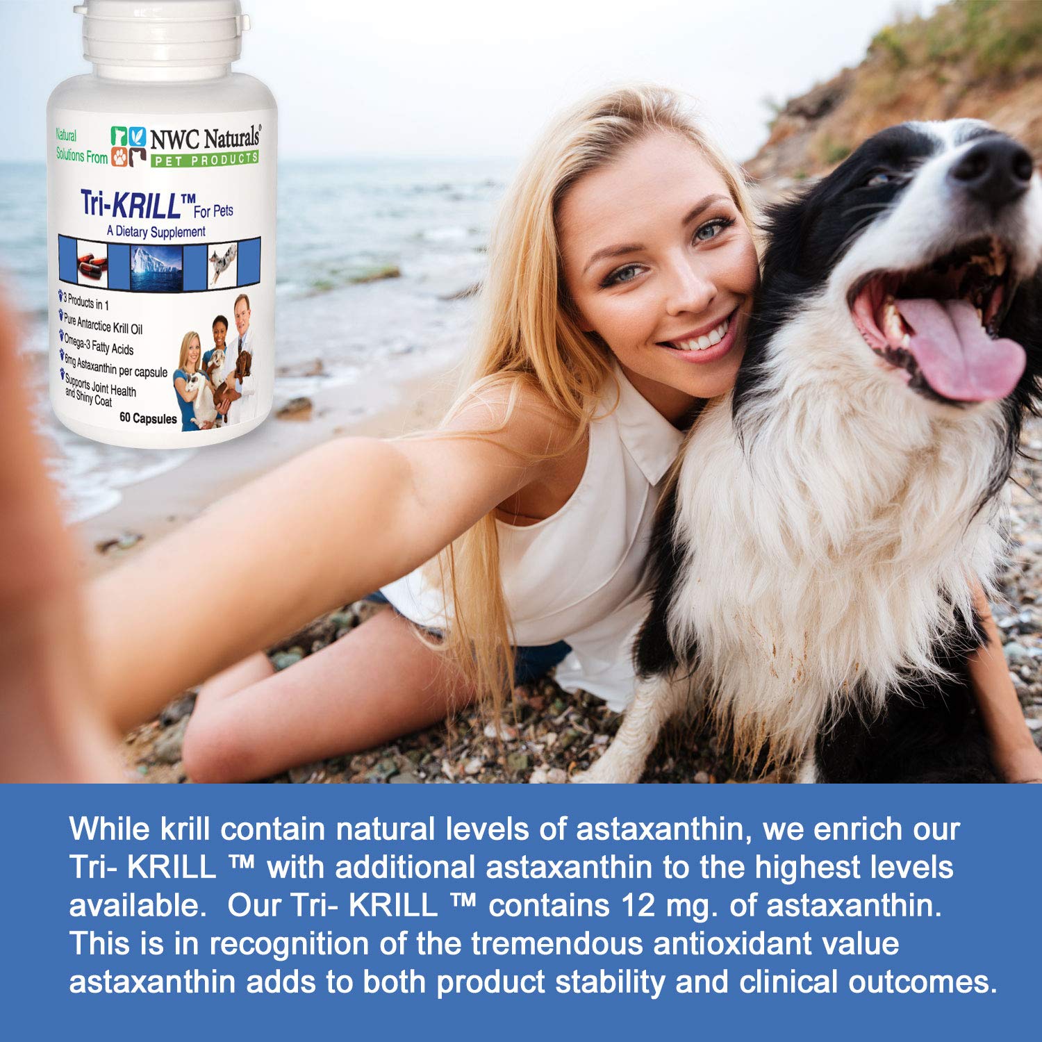 Tri-Krill Oil Capsule Supplement for Dogs and Cats, Supports Joint, Brain, Supports Healthy Skin and Coat, Pure Antarctic Krill with Astaxanthin, Omega-3, DHA, EPA by NWC Naturals