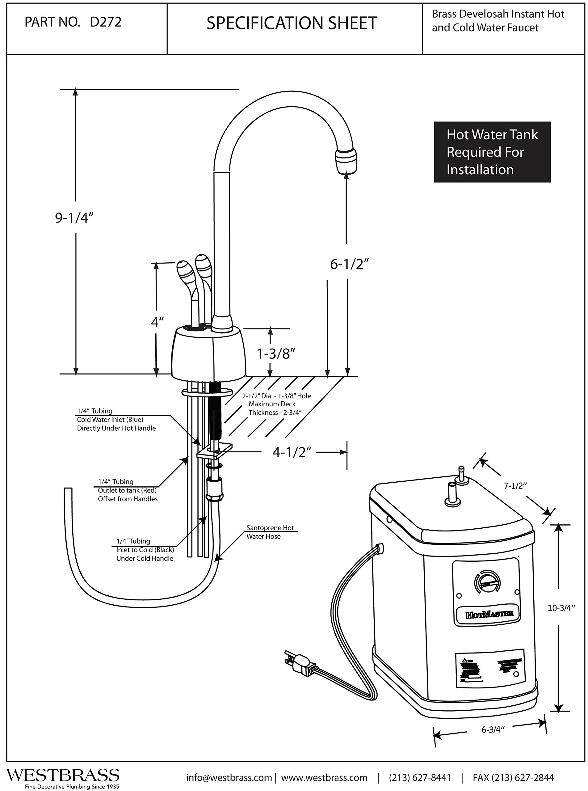 Westbrass D272H-26 Develosah 9" 2-Handle Hot and Cold Water Dispenser with Instant Heating Tank, 1-Pack, Polished Chrome