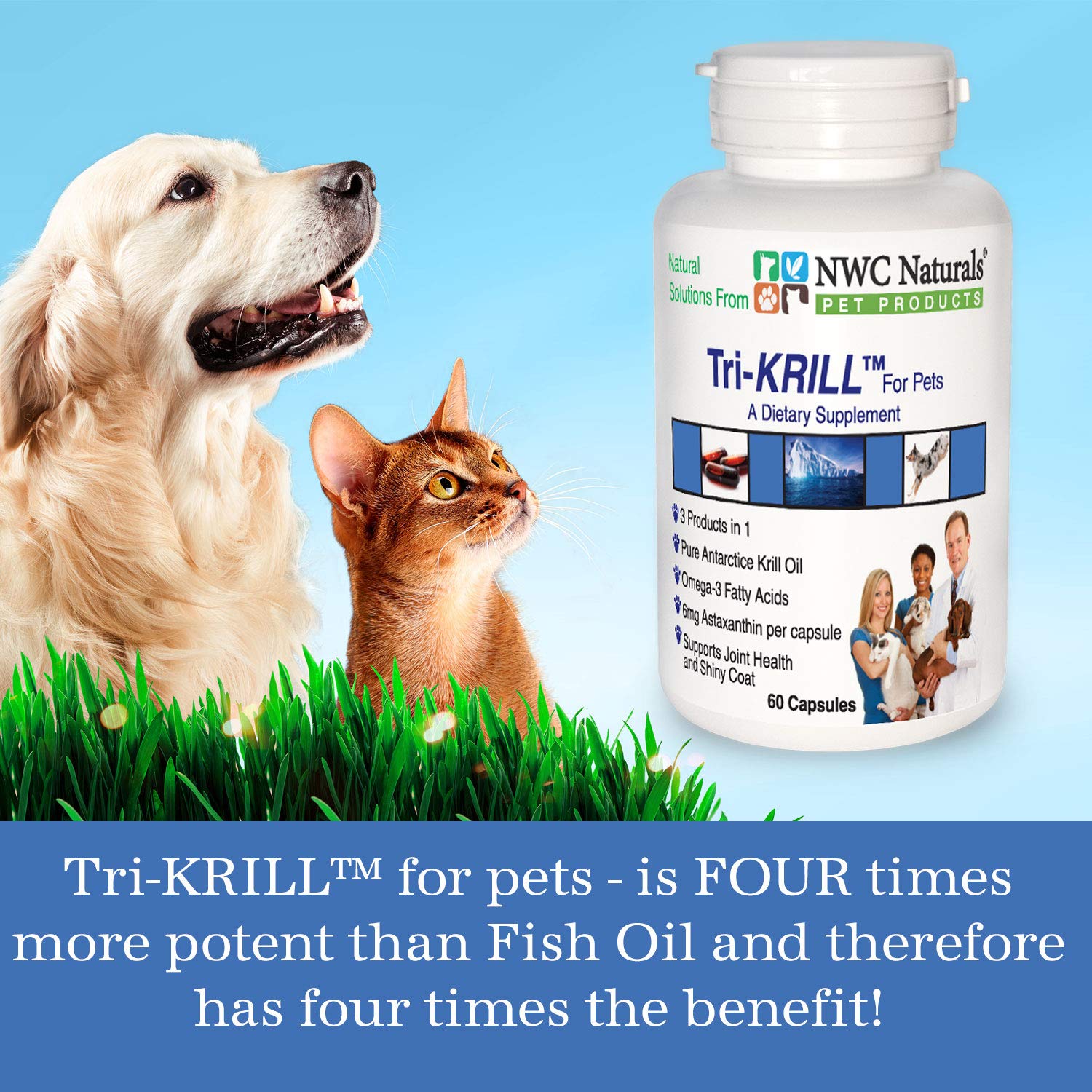 Tri-Krill Oil Capsule Supplement for Dogs and Cats, Supports Joint, Brain, Supports Healthy Skin and Coat, Pure Antarctic Krill with Astaxanthin, Omega-3, DHA, EPA by NWC Naturals