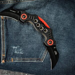 TAC FORCE Spring Assisted Folding Pocket Knife – Dual Black Stainless Steel Hawkbill Blades, Black Aluminum Handle w/ Red Accents and Pocket Clip, Tactical, EDC, Rescue - TF-669BK