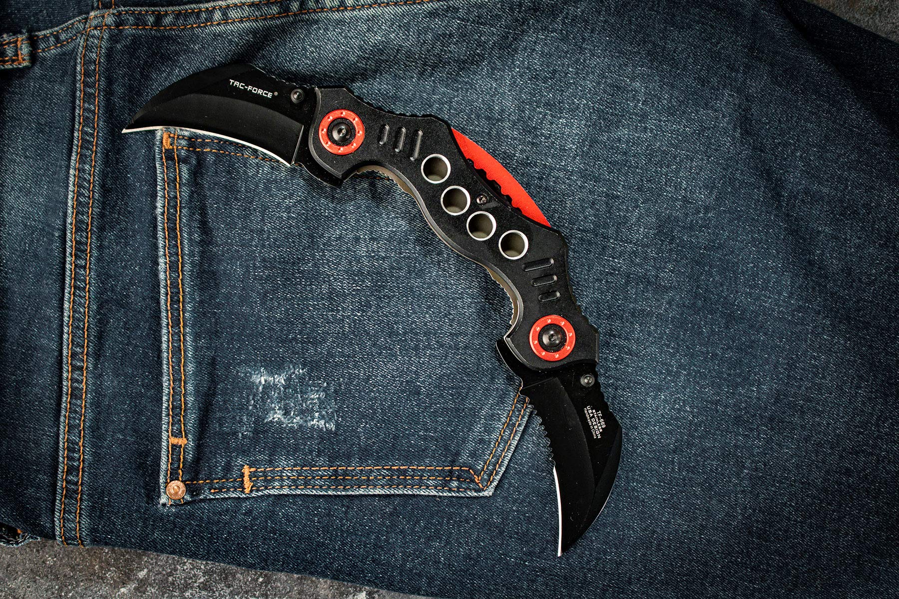 TAC FORCE Spring Assisted Folding Pocket Knife – Dual Black Stainless Steel Hawkbill Blades, Black Aluminum Handle w/ Red Accents and Pocket Clip, Tactical, EDC, Rescue - TF-669BK