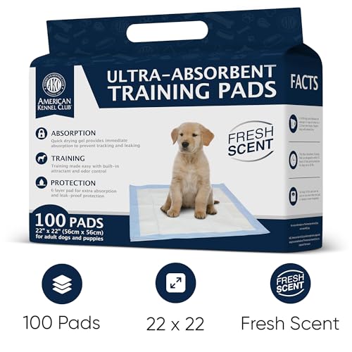 American Kennel Club Scented Puppy Training Pads with Ultra Absorbent Quick Dry Gel – 22 x 22 Pee Pads for Dogs - Fresh Scented - Pack of 100