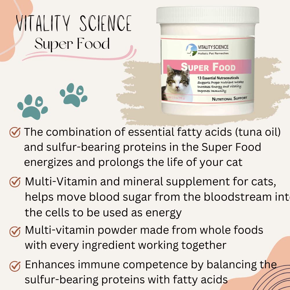 Vitality Science Super Food for Cats | High Potency Multi-Vitamin and Mineral Supplement | Increases Energy and Vitality | 100% Natural (60g)