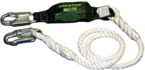 miller by honeywell 901rls-2/4ftwh 5/8-inch, 4-feet nylon rope lanyard with sofstop shock absorber and two locking snap hooks, white