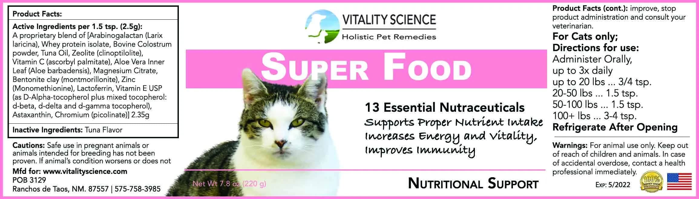 Vitality Science Super Food for Cats | High Potency Multi-Vitamin and Mineral Supplement | Increases Energy and Vitality | 100% Natural (60g)