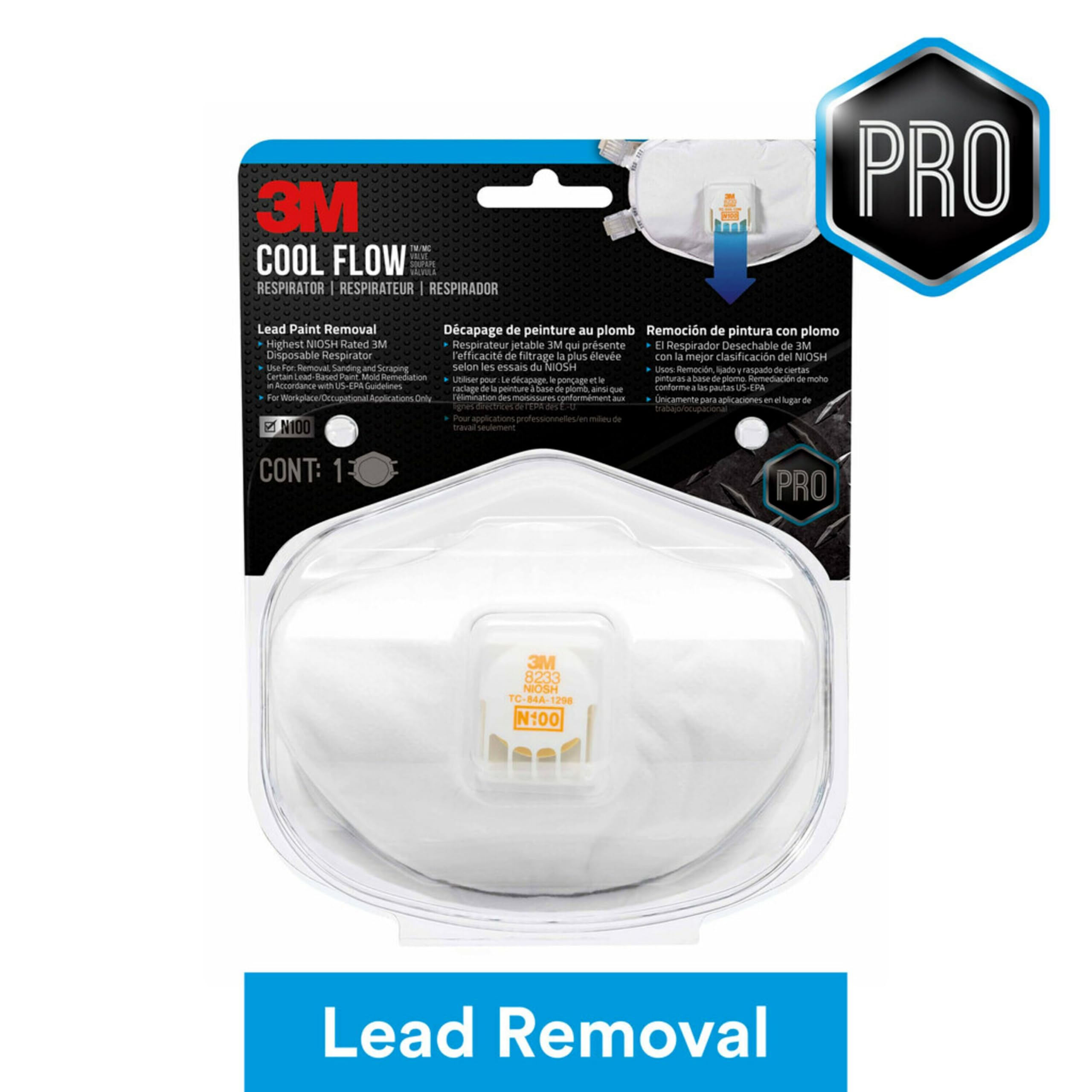 3M N100 Lead Paint Removal Valved Respirator 8233, 1 Pack, COOL FLOW Exhalation Valve, NIOSH-APPROVED, Advanced Filter Media For Easy Breathing, Adjustable Noseclip, Soft Foam Faceseal (8233PA1-B-PS)