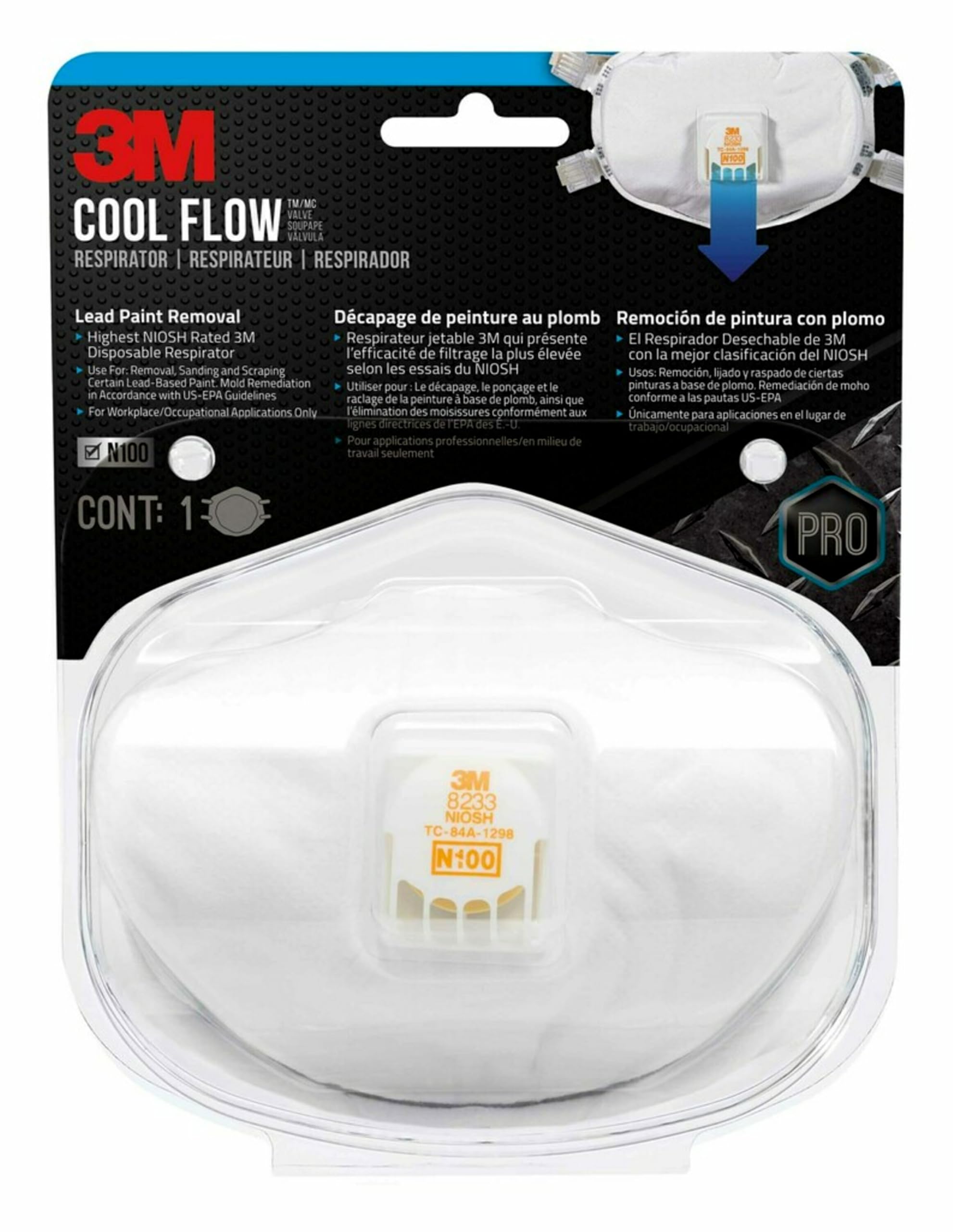 3M N100 Lead Paint Removal Valved Respirator 8233, 1 Pack, COOL FLOW Exhalation Valve, NIOSH-APPROVED, Advanced Filter Media For Easy Breathing, Adjustable Noseclip, Soft Foam Faceseal (8233PA1-B-PS)