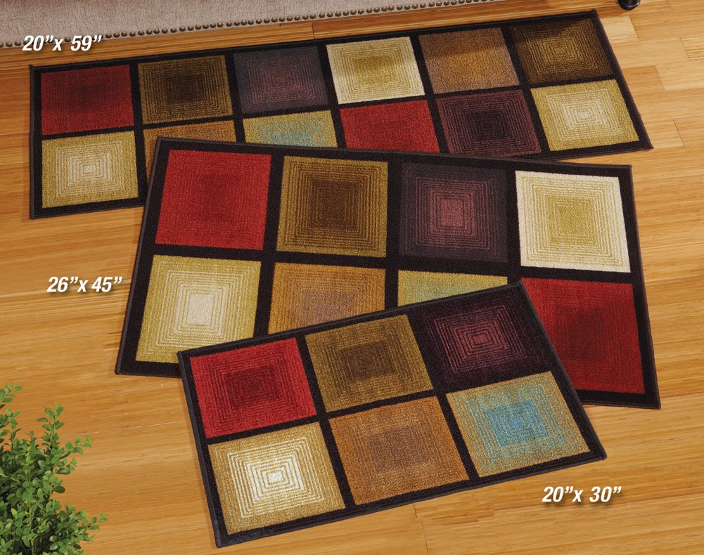 Collections Etc Optic Squares Skid-Resistant and Nonslip Accent Rug with Burnished Autumn Red, Brown and Beige, Brown, 26 X 45