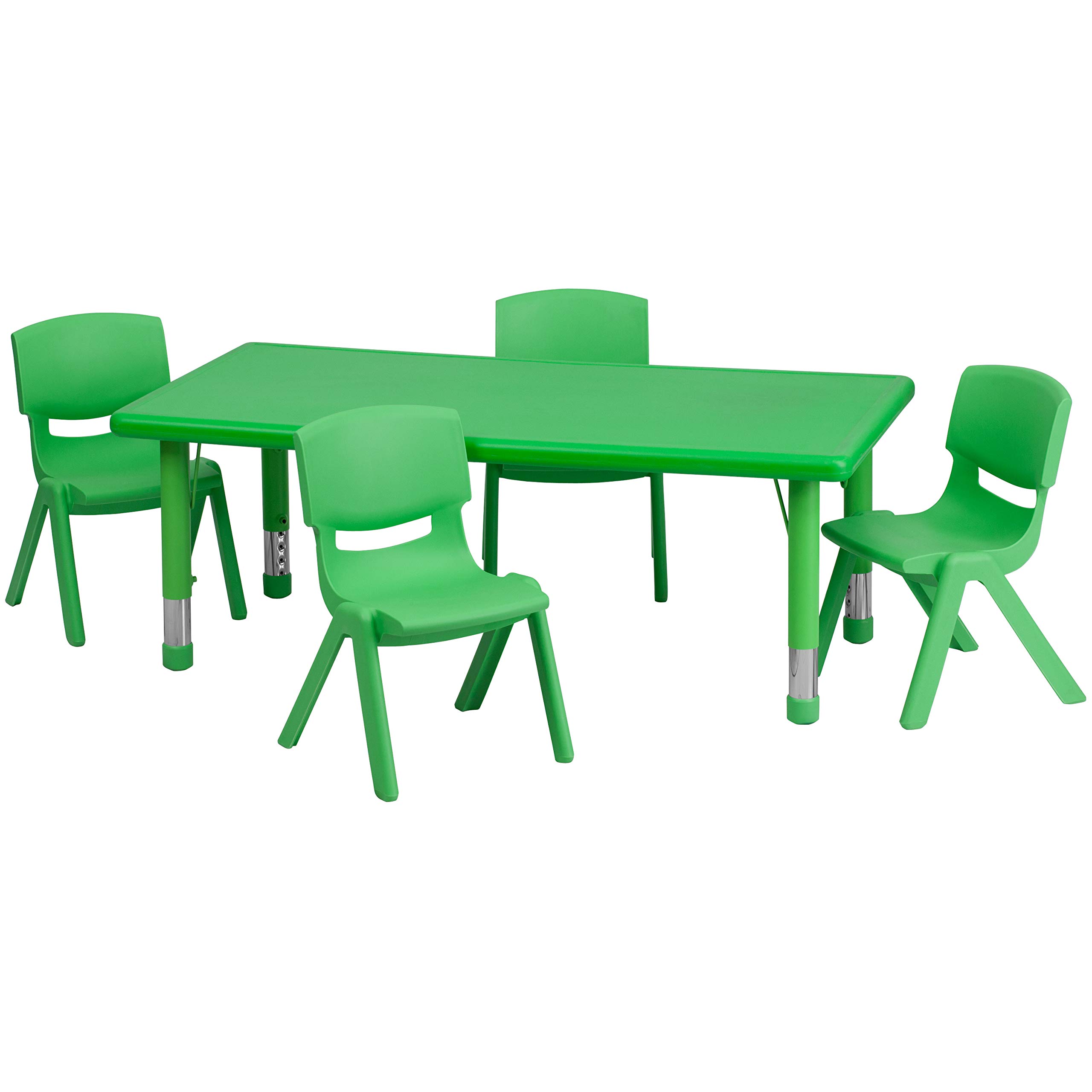 Flash Furniture Emmy 24''W x 48''L Rectangular Green Plastic Height Adjustable Activity Table Set with 4 Chairs