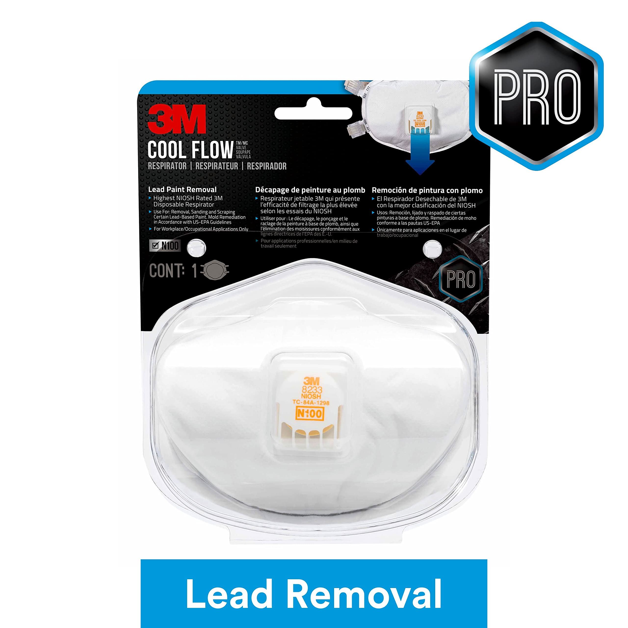 3M N100 Lead Paint Removal Valved Respirator 8233, 1 Pack, COOL FLOW Exhalation Valve, NIOSH-APPROVED, Advanced Filter Media For Easy Breathing, Adjustable Noseclip, Soft Foam Faceseal (8233PA1-B-PS)