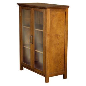 Teamson Home Avery Wooden Freestanding Floor Cabinet with 2 Adjustable Shelves 3 Storage Spaces 2 Glass Paneled Doors and 2 Antique Brass Knobs, Oiled Oak