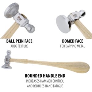 The Beadsmith Two-Sided Chasing Hammer - 10.75 Inches Wooden Handle, 2.25” Steel Head with a 14mm Ball Pein & 1.1"/ 28mm Domed Face - Tool Used to Add Texture and Dimension to Metalwork, 4oz./113g