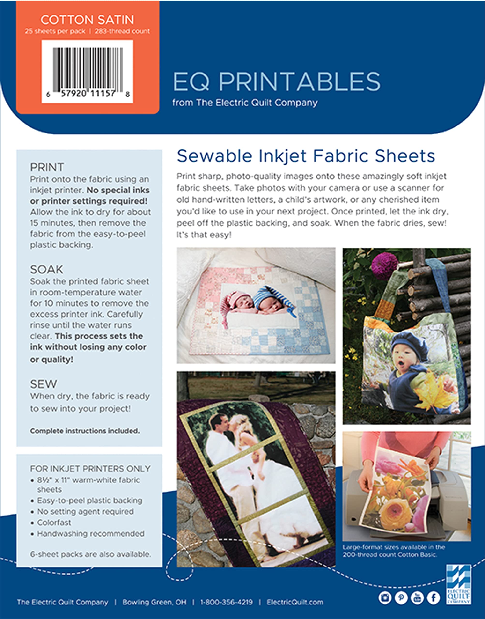 EQ Inkjet Printable Cotton Satin Fabric Sheets 8.5"X11" - 25/Pkg