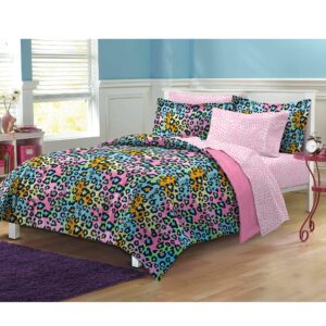 my room neon leopard ultra soft microfiber girls comforter set, multi-colored, twin/twin x-large