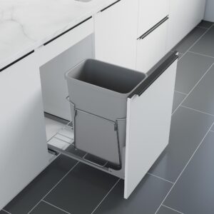 dowell alu bottom mount pull- out waste container w/door mounting kit - single grey recycling bin- for both 15” frameless & face framed cabinet -4012 0115 35