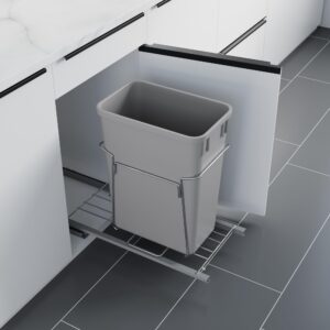 Dowell Alu Bottom Mount Pull- Out Waste Container W/Door Mounting Kit - Single Grey Recycling Bin- for Both 15” Frameless & Face Framed Cabinet -4012 0115 35