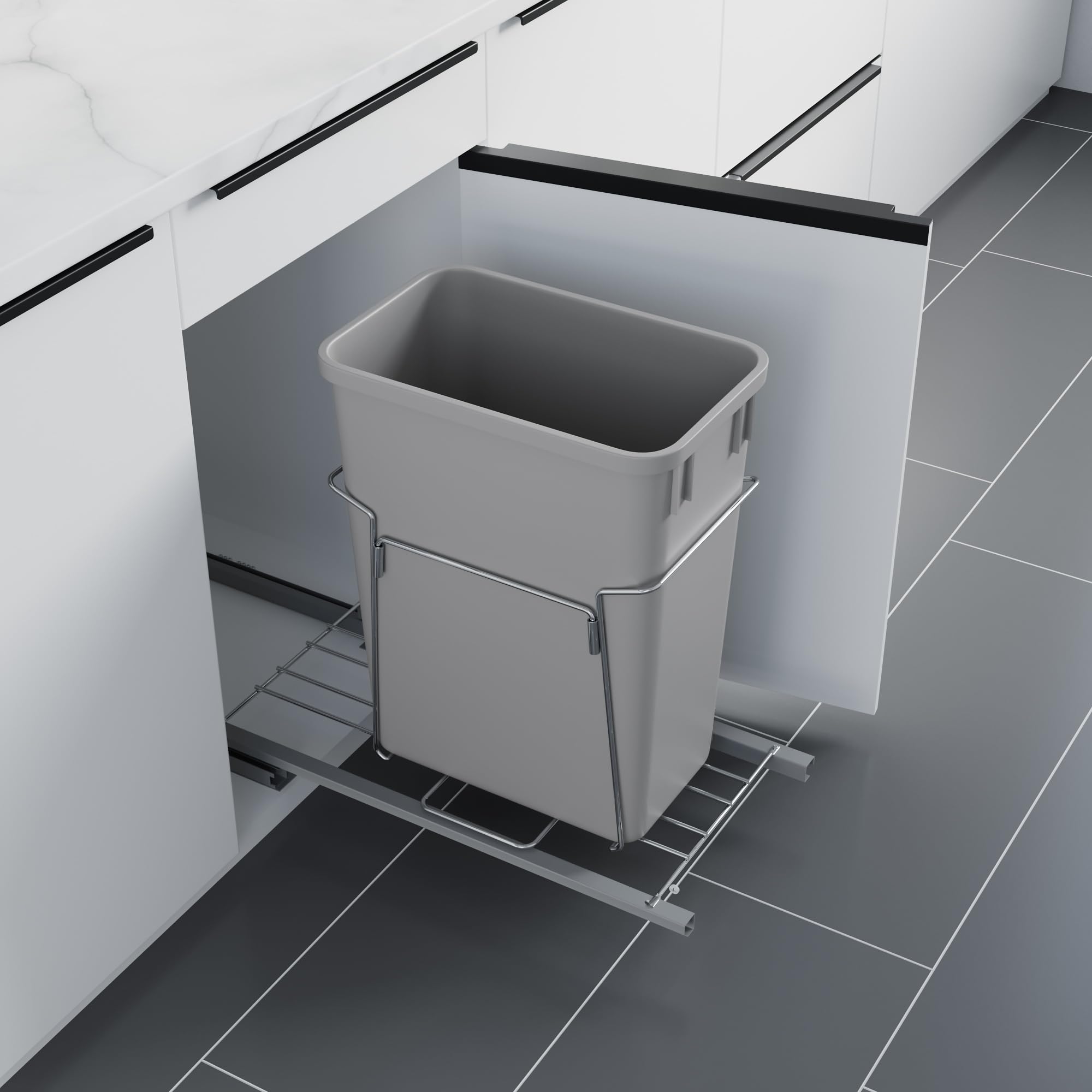 Dowell Alu Bottom Mount Pull- Out Waste Container W/Door Mounting Kit - Single Grey Recycling Bin- for Both 15” Frameless & Face Framed Cabinet -4012 0115 35