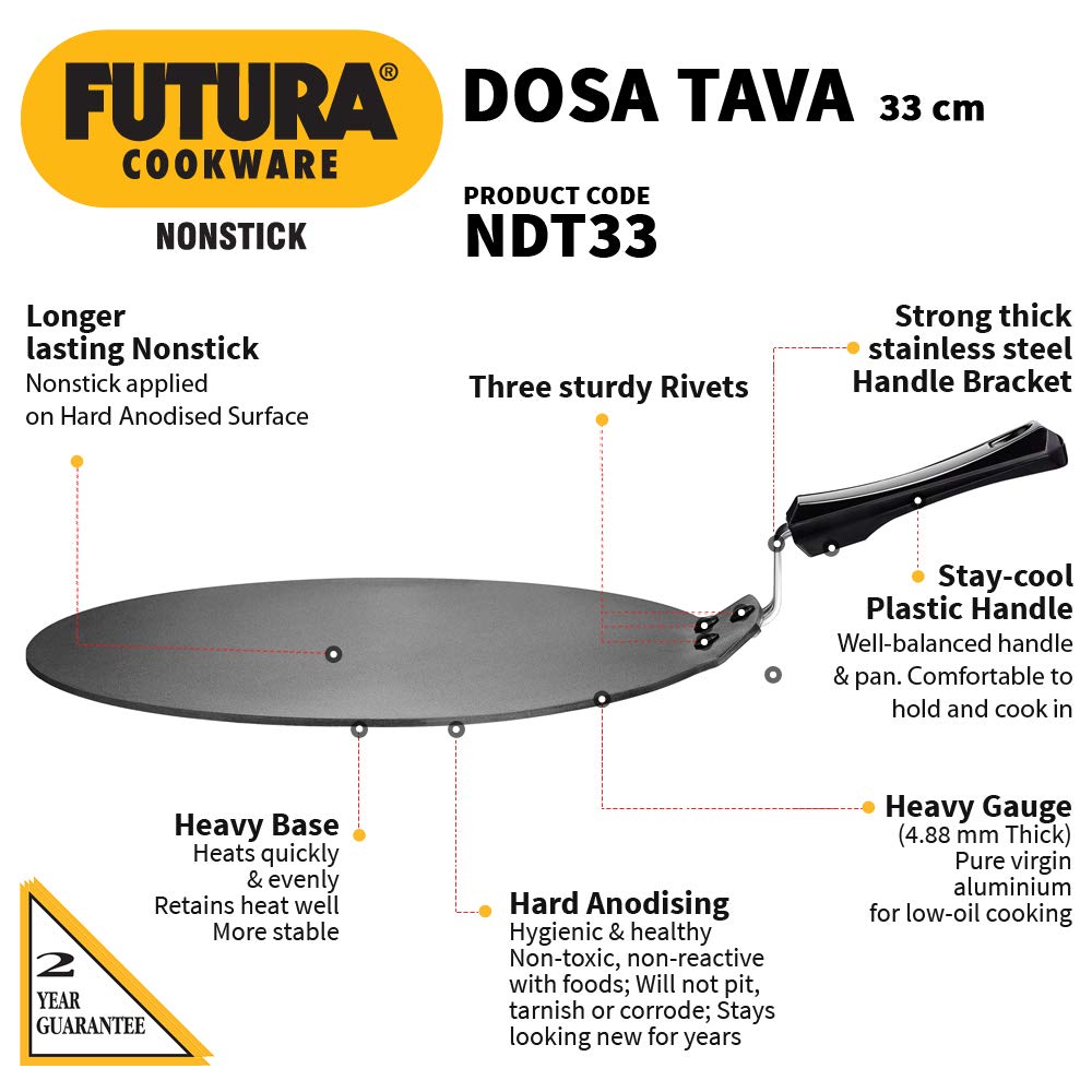 Hawkins Futura Nonstick Dosa Tava, Diameter 33 cm (13 inch), Thickness 4.88 mm (Black) NDT33