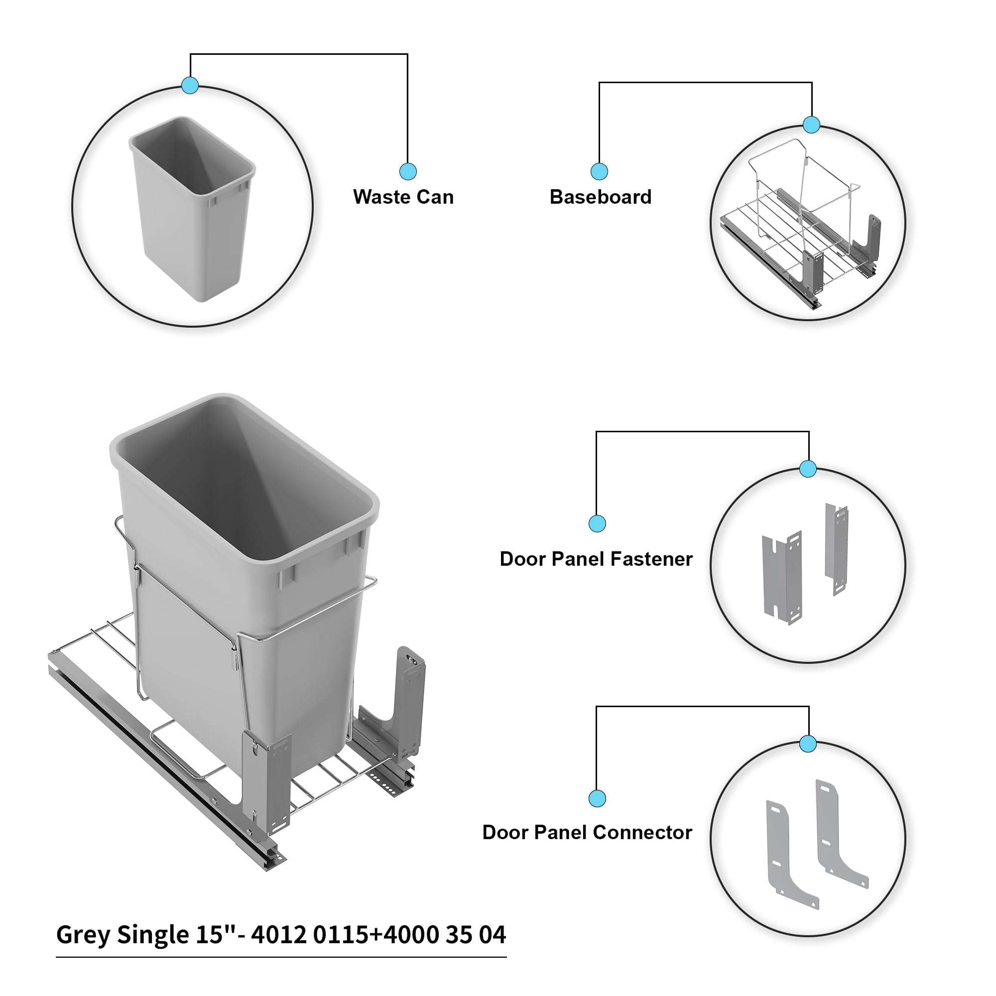 Dowell Alu Bottom Mount Pull- Out Waste Container W/Door Mounting Kit - Single Grey Recycling Bin- for Both 15” Frameless & Face Framed Cabinet -4012 0115 35