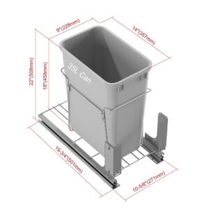 Dowell Alu Bottom Mount Pull- Out Waste Container W/Door Mounting Kit - Single Grey Recycling Bin- for Both 15” Frameless & Face Framed Cabinet -4012 0115 35