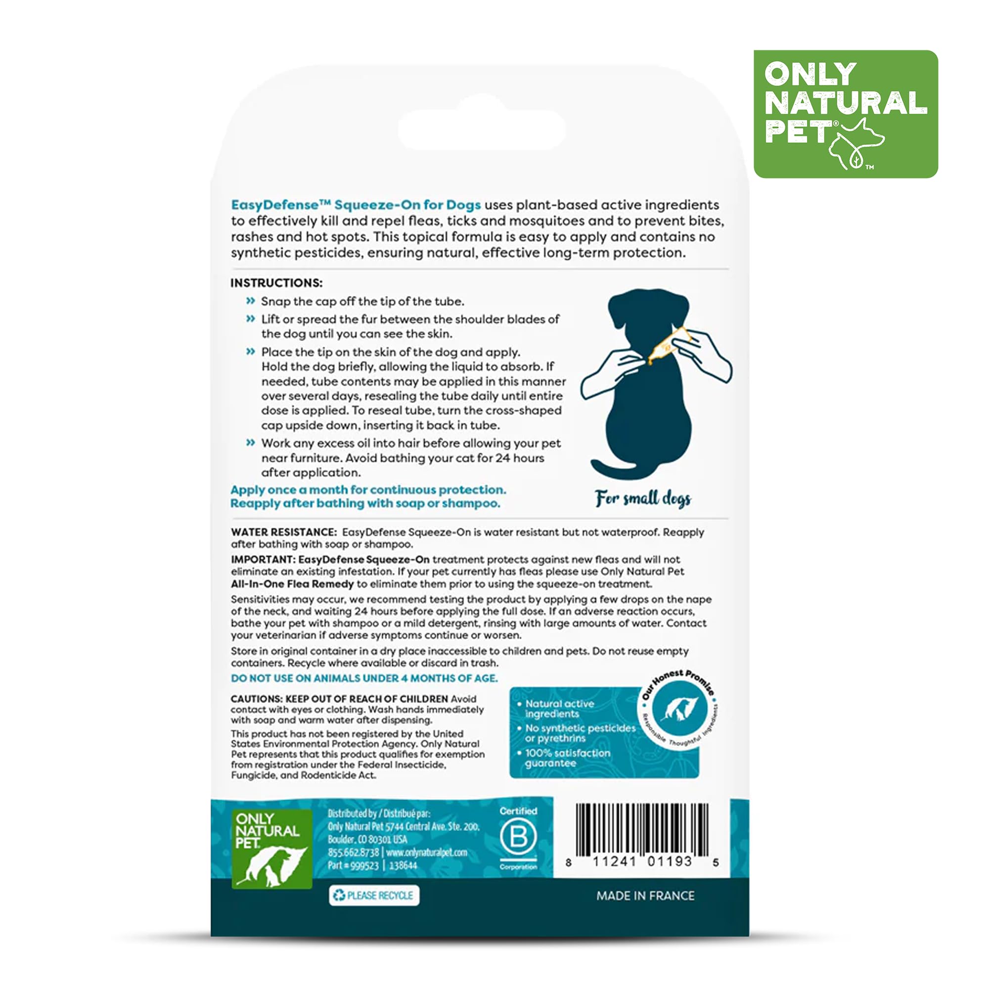 Only Natural Pet Flea and Tick Prevention for Small Breed Dogs (up to 15 lbs) - EasyDefense Flea Remedy - Natural Flea Control Herbal Squeeze-On Drops - Three Month Supply (Single)