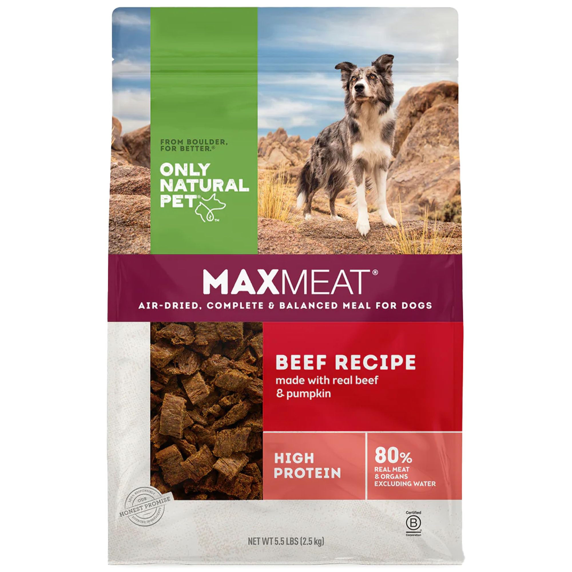 Only Natural Pet MaxMeat Holistic Air Dried Dry Dog Food - All Natural, High Protein, Grain Free and Limited Ingredient - Made with Real Meat - Beef with Pumpkin & Parsley 5.5 lb