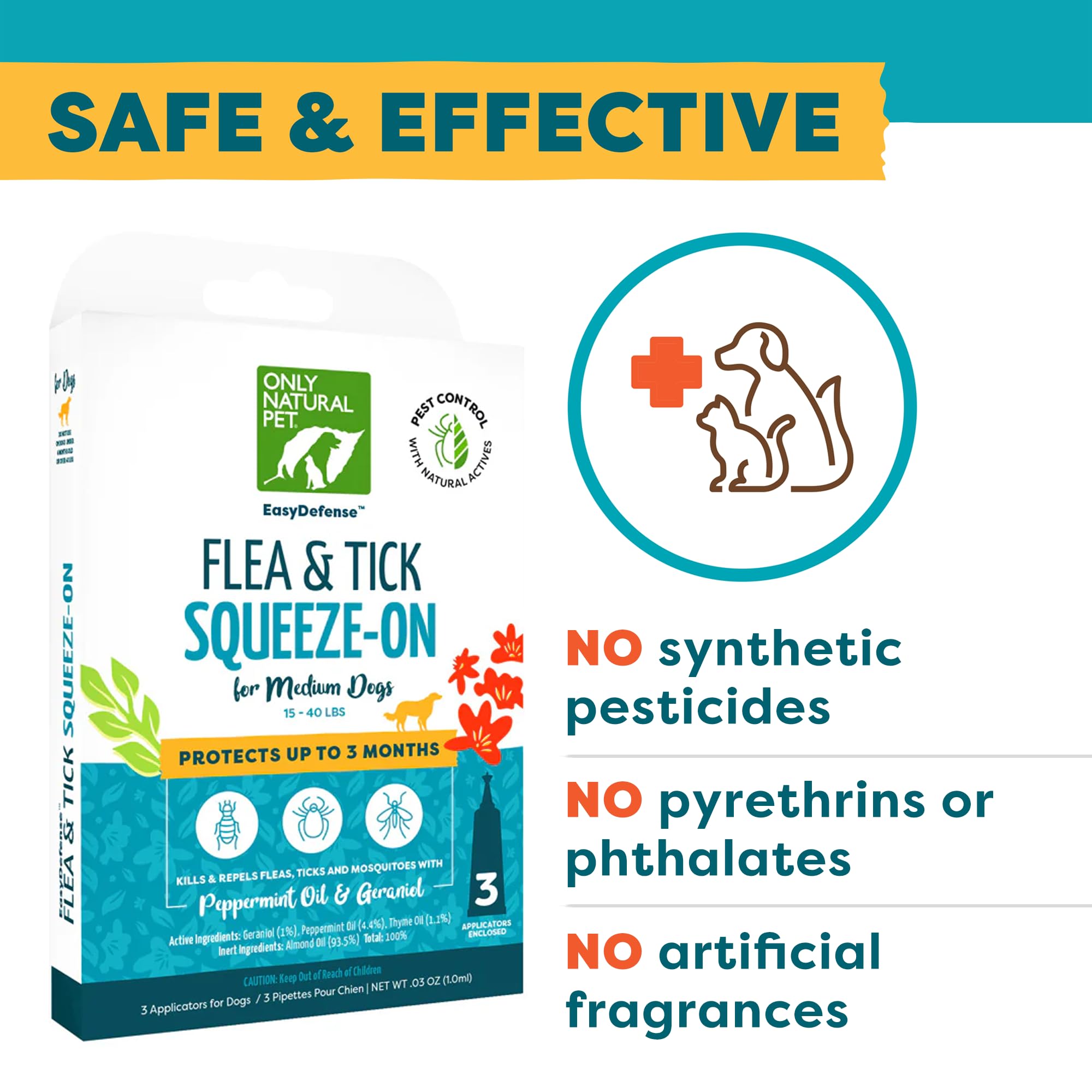 Only Natural Pet Flea and Tick Control for Large Breed Dogs (Over 40 lbs) - EasyDefense Flea & Tick Herbal Squeeze-On Drops - 3 Month Supply